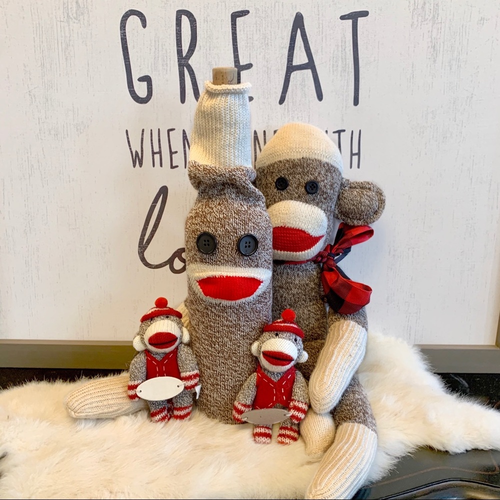 Sock Monkey Plush Wine Bottle Cover - Gray and Cream